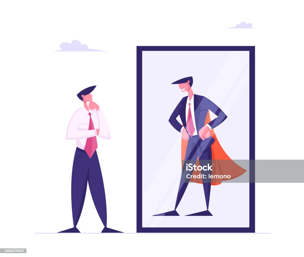 Thoughtful Business Man Look in Mirror on Reflection of Successful Leader in Super Hero Cape, Best Businessman, Number One Employee, Financial Goal Achievement Concept Cartoon Flat Vector Illustration